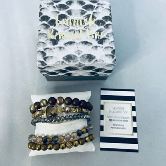 Erimish 5 Set Gold Bronze Charcoal Beaded Bracelets Box Pillow Care Card Very Go - Picture 1 of 4